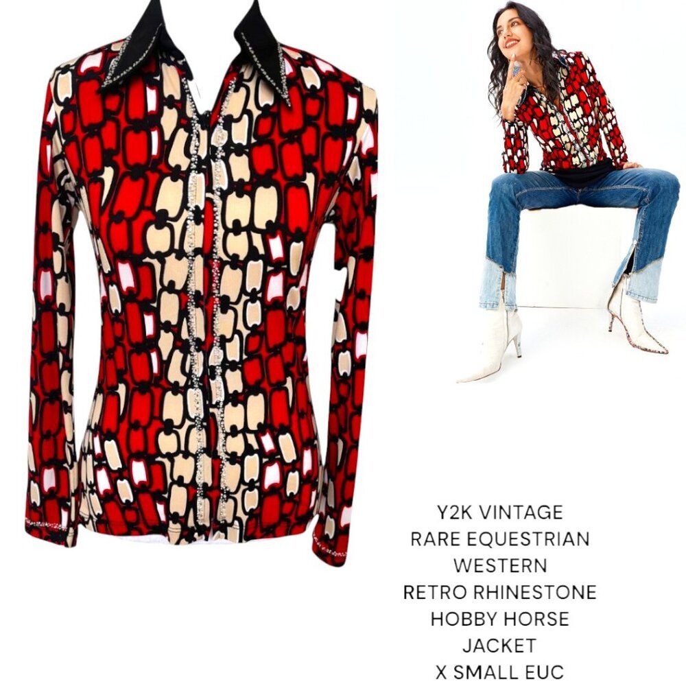 VINTAGE Y2K RARE EQUESTRIAN HOBBY HORSE WESTERN RETRO RHINESTONE TOP XSMALL #7‎